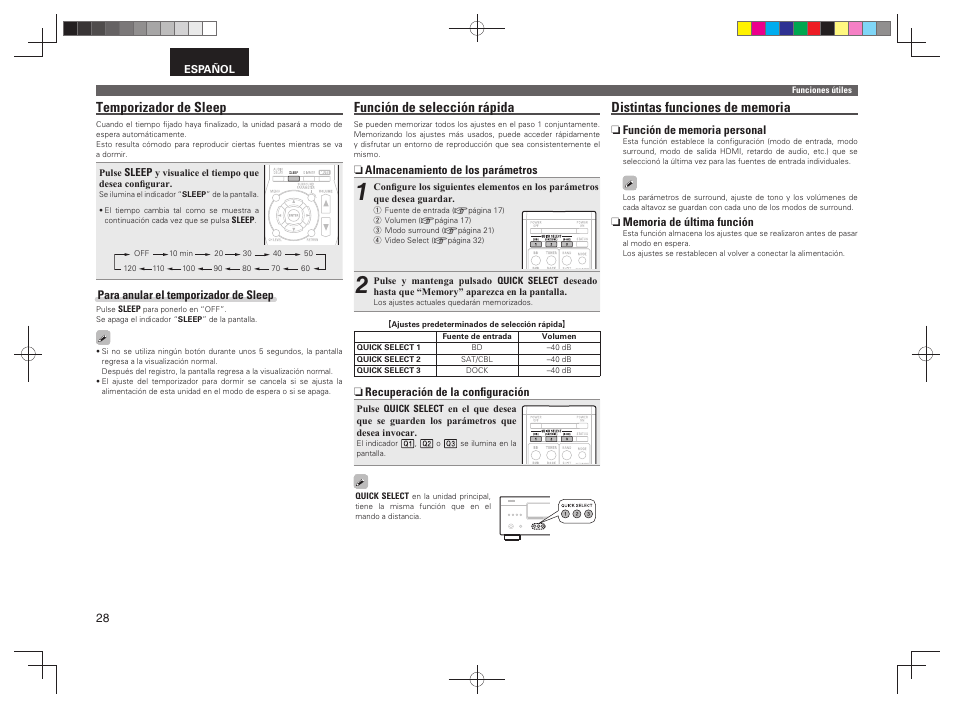 Temporizador de sleep, Función de selección rápida | Denon AVR-391 User Manual | Page 31 / 68