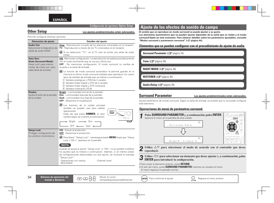Ajuste de los efectos de sonido de campo, Other setup, Surround parameter | Denon AVR-391 User Manual | Page 37 / 68