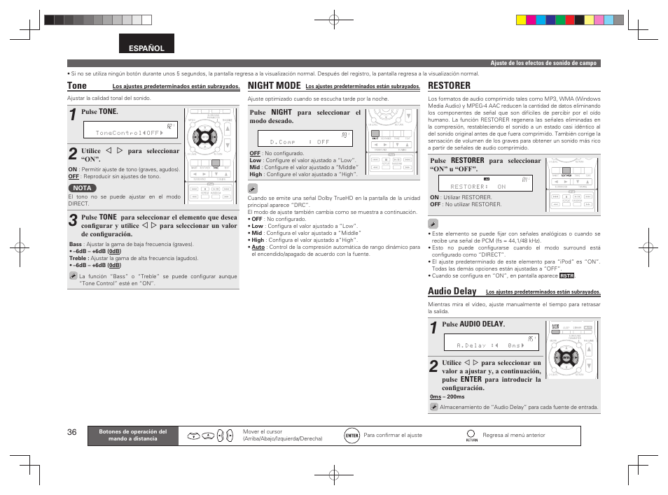 Restorer, Audio delay, Night mode | Tone | Denon AVR-391 User Manual | Page 39 / 68