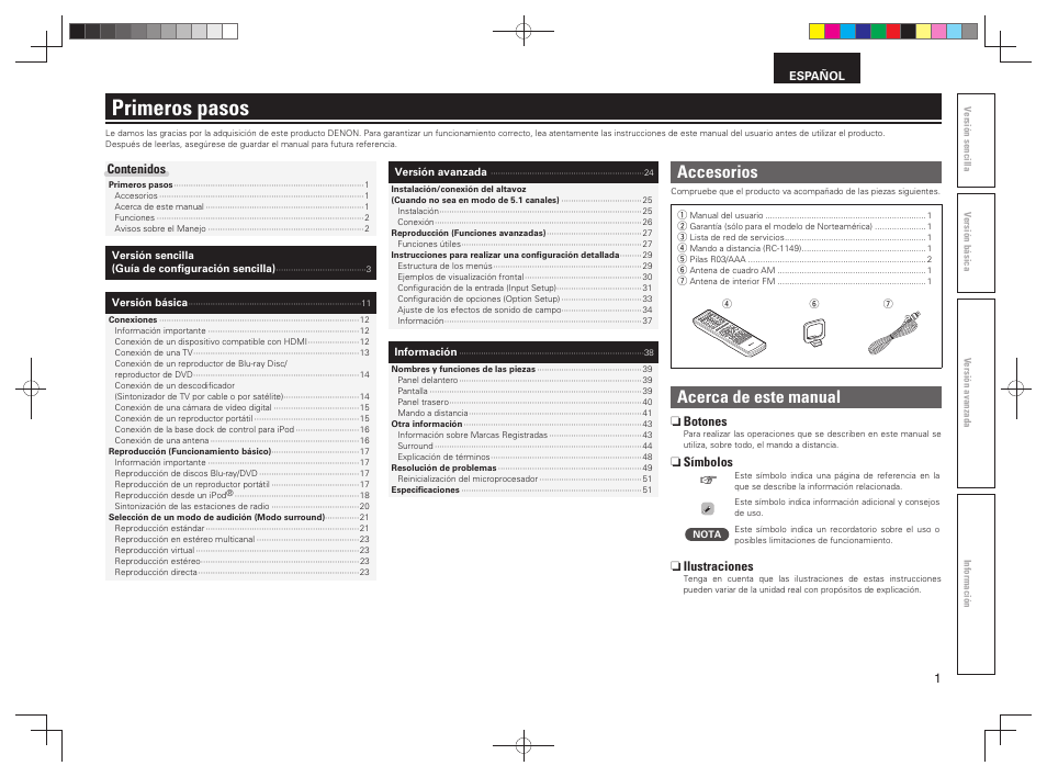 Primeros pasos, Accesorios, Acerca de este manual | Denon AVR-391 User Manual | Page 4 / 68