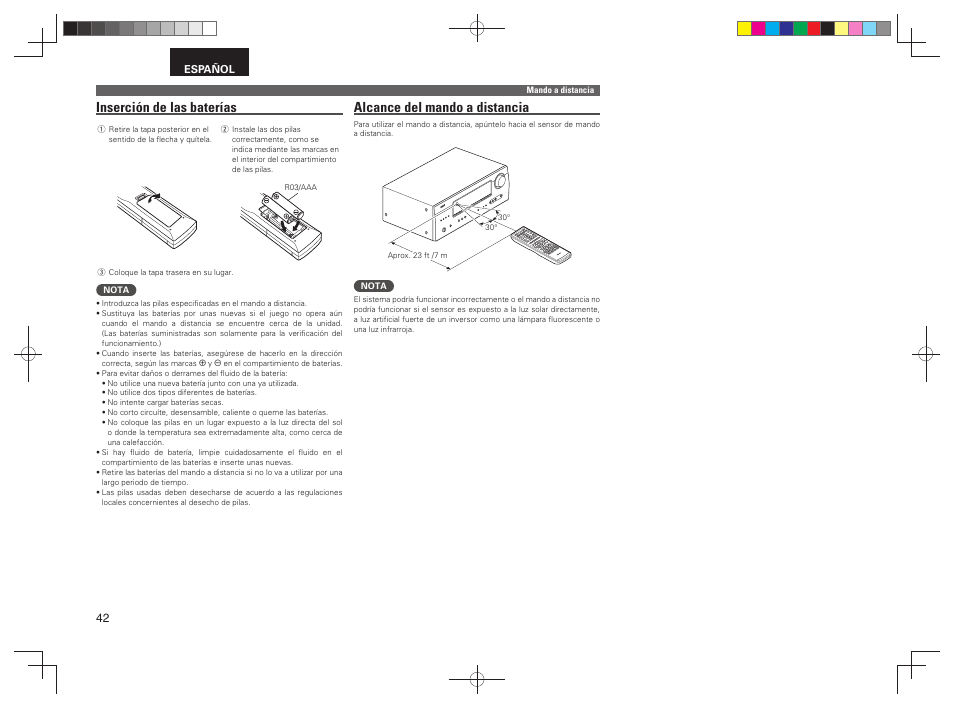 Alcance del mando a distancia, Inserción de las baterías | Denon AVR-391 User Manual | Page 45 / 68