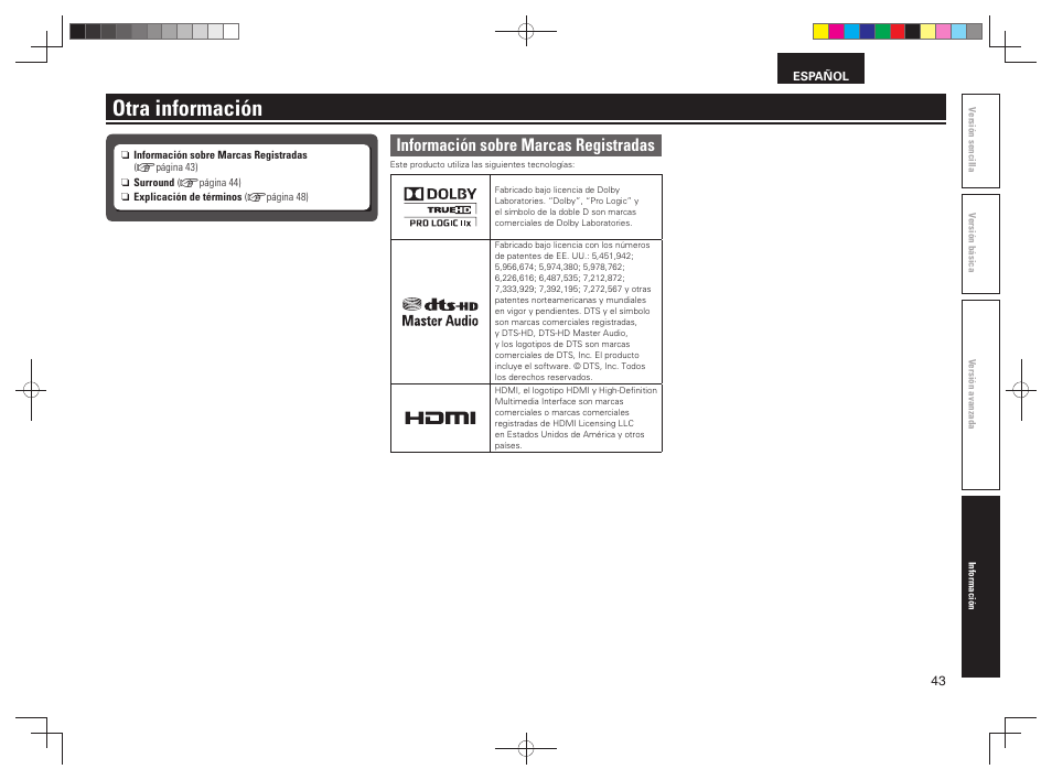 Otra información, Información sobre marcas registradas | Denon AVR-391 User Manual | Page 46 / 68