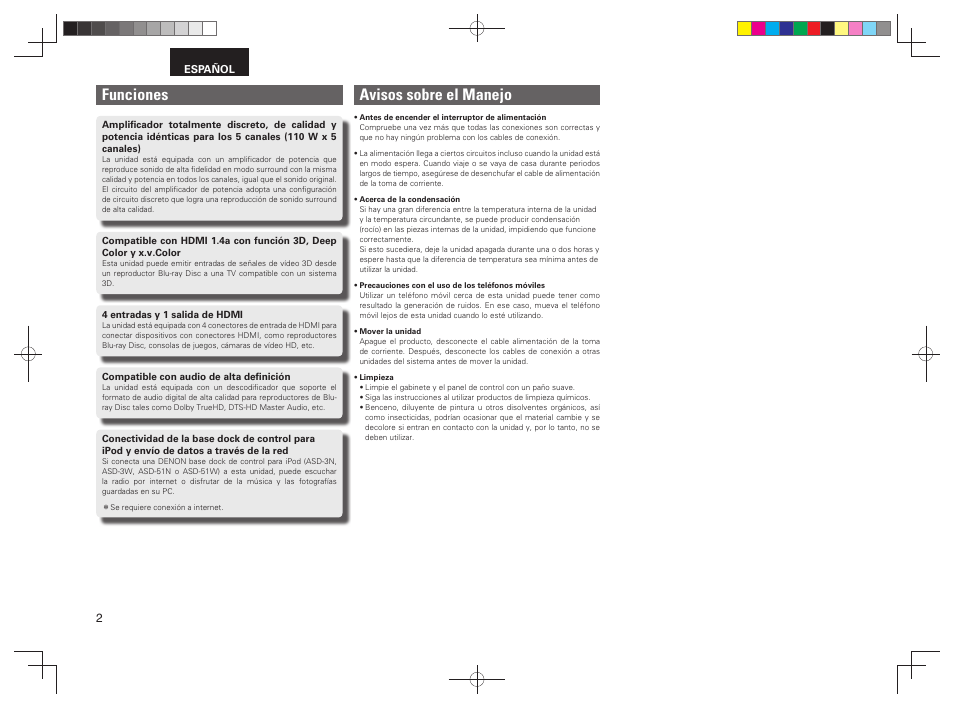 Avisos sobre el manejo, Funciones | Denon AVR-391 User Manual | Page 5 / 68