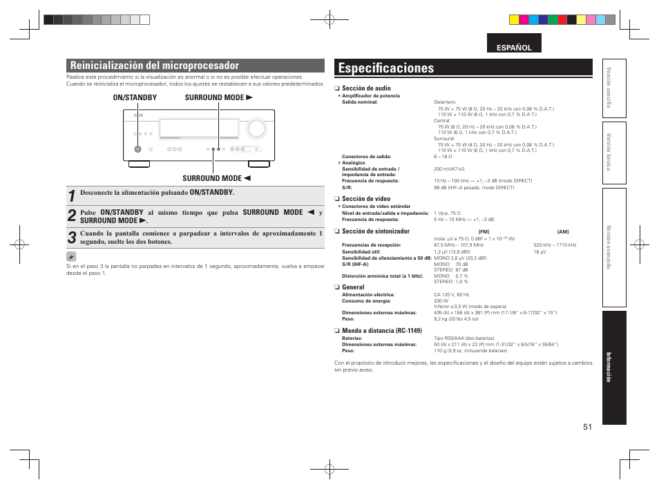 Especiﬁ caciones, Reinicialización del microprocesador | Denon AVR-391 User Manual | Page 54 / 68