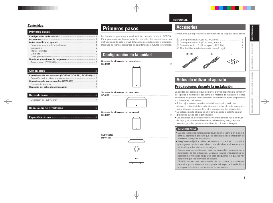 Primeros pasos, Accesorios, Antes de utilizar el aparato | Confi guración de la unidad, Precauciones durante la instalación | Denon AVR-391 User Manual | Page 63 / 68