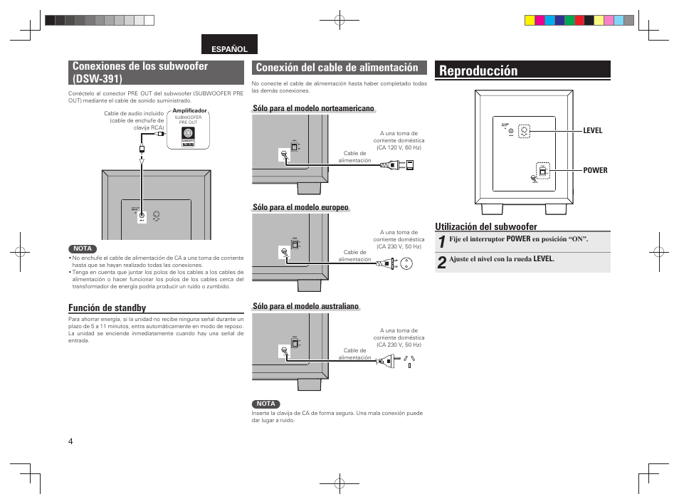 Reproducción, Conexiones de los subwoofer (dsw-391), Conexión del cable de alimentación | Función de standby, Utilización del subwoofer | Denon AVR-391 User Manual | Page 66 / 68