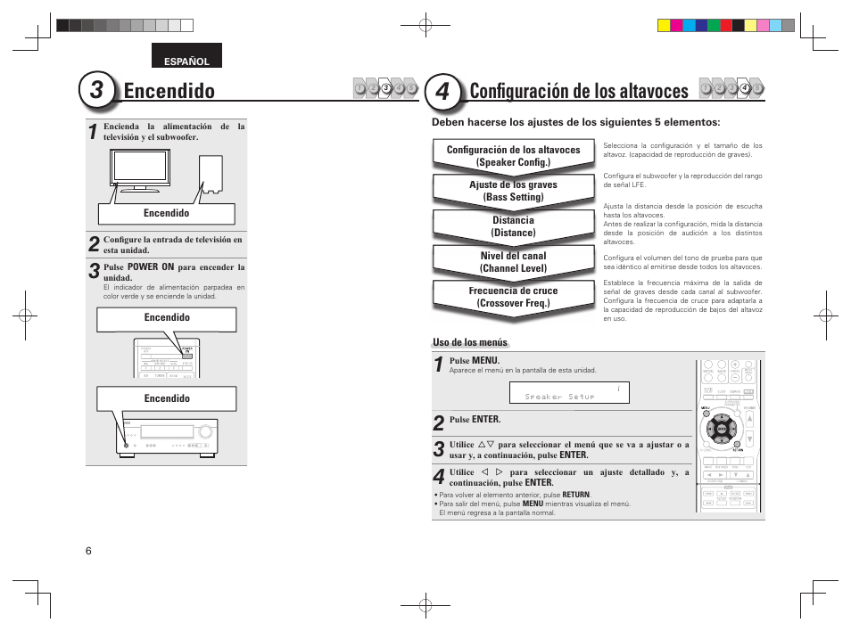 Conﬁ guración de los altavoces, Encendido | Denon AVR-391 User Manual | Page 9 / 68