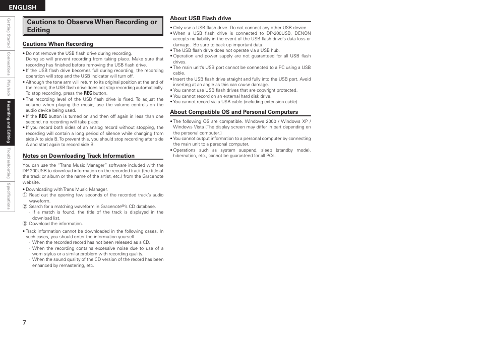 Cautions to observe when recording or editing | Denon DP-200USB User Manual | Page 10 / 14