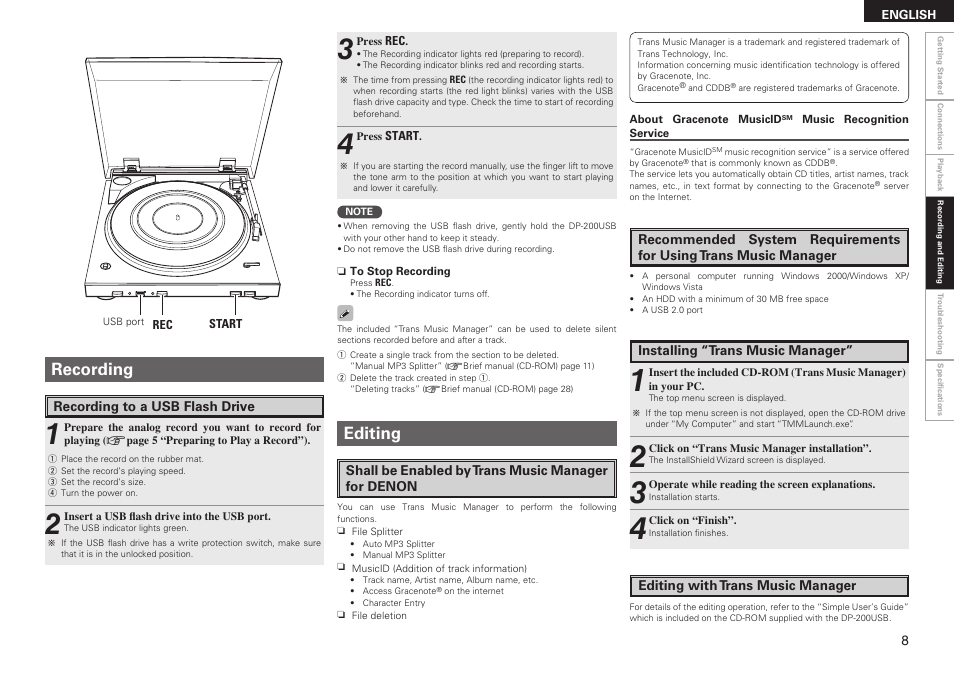 Editing, Recording | Denon DP-200USB User Manual | Page 11 / 14