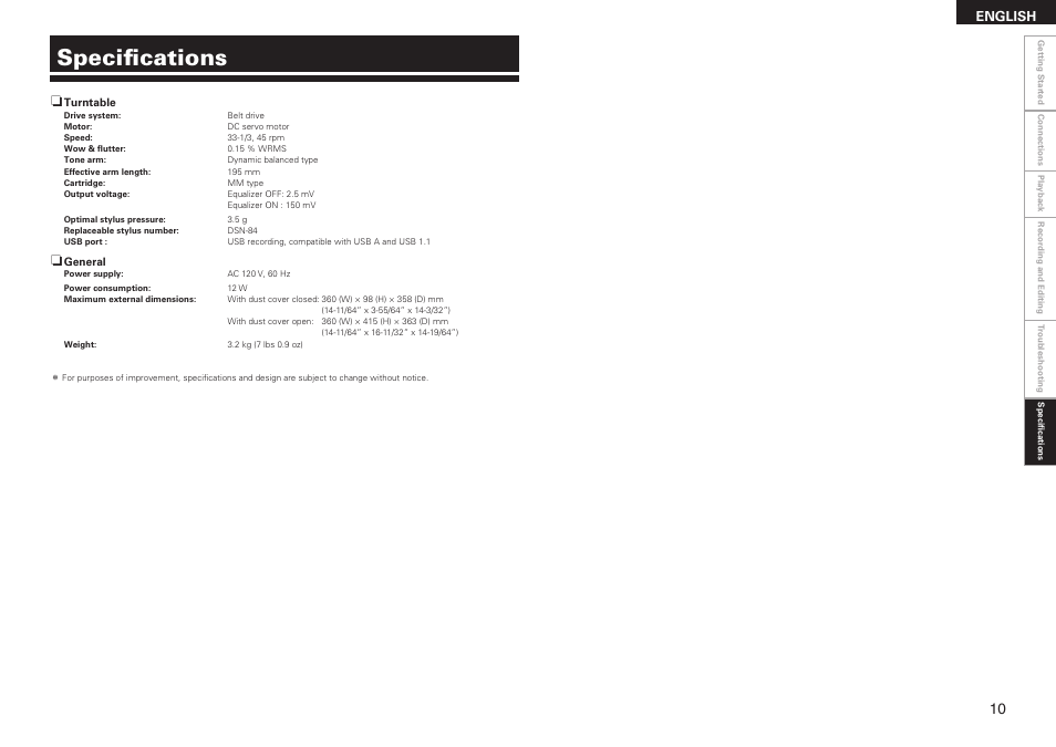 Specifications, English | Denon DP-200USB User Manual | Page 13 / 14