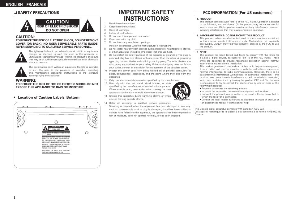 Impotant safety instructions, Caution, English francais english | Warning | Denon DP-200USB User Manual | Page 2 / 14