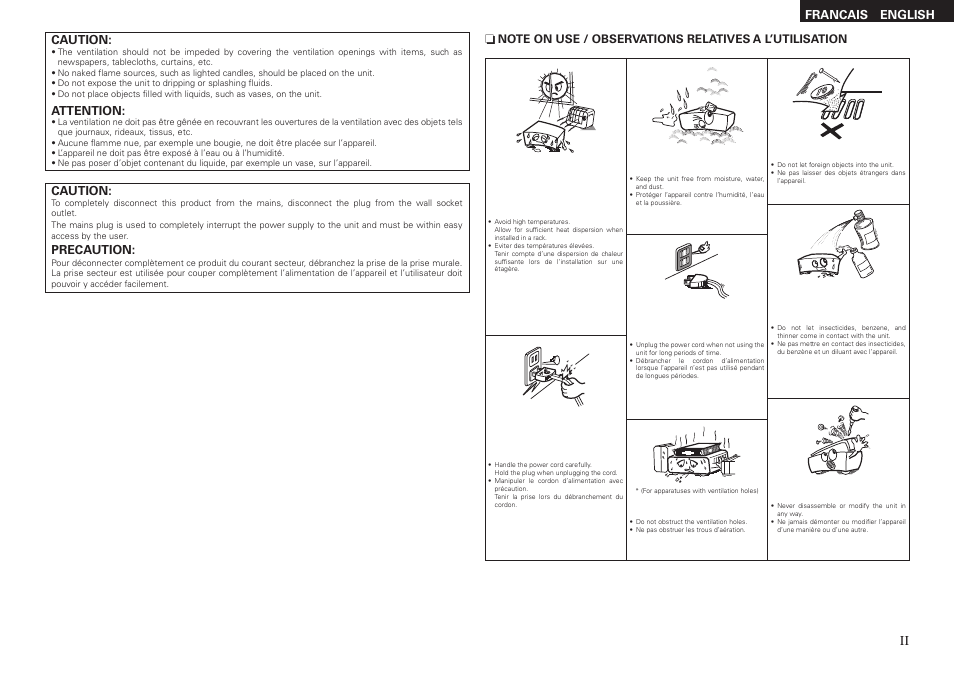 Francais english, Caution, Attention | Precaution | Denon DP-200USB User Manual | Page 3 / 14