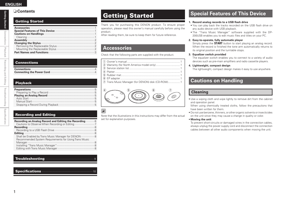 Getting started, Accessories cautions on handling, Special features of this device | Cleaning, Ncontents | Denon DP-200USB User Manual | Page 4 / 14