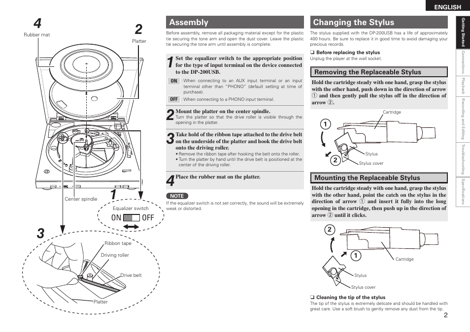Off on, Assembly changing the stylus | Denon DP-200USB User Manual | Page 5 / 14