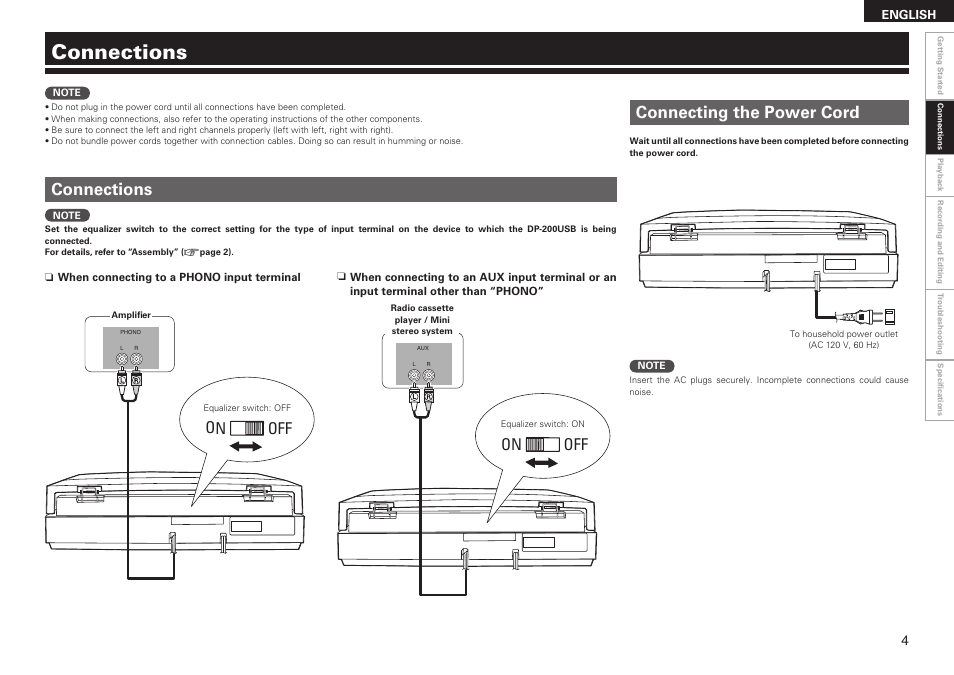 Connections, Off on, Connections connecting the power cord | Denon DP-200USB User Manual | Page 7 / 14