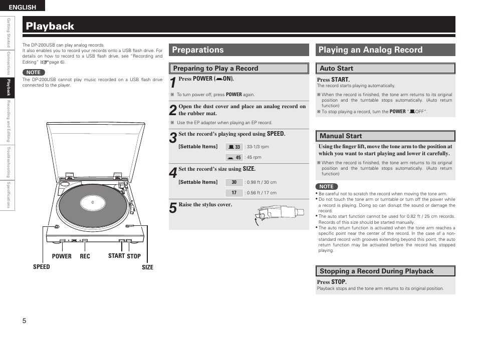 Playback, Preparations, Playing an analog record | Denon DP-200USB User Manual | Page 8 / 14