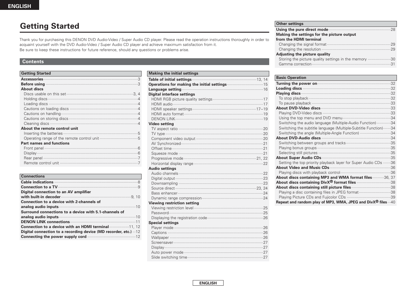 Getting started | Denon DVD-2930CI User Manual | Page 4 / 52