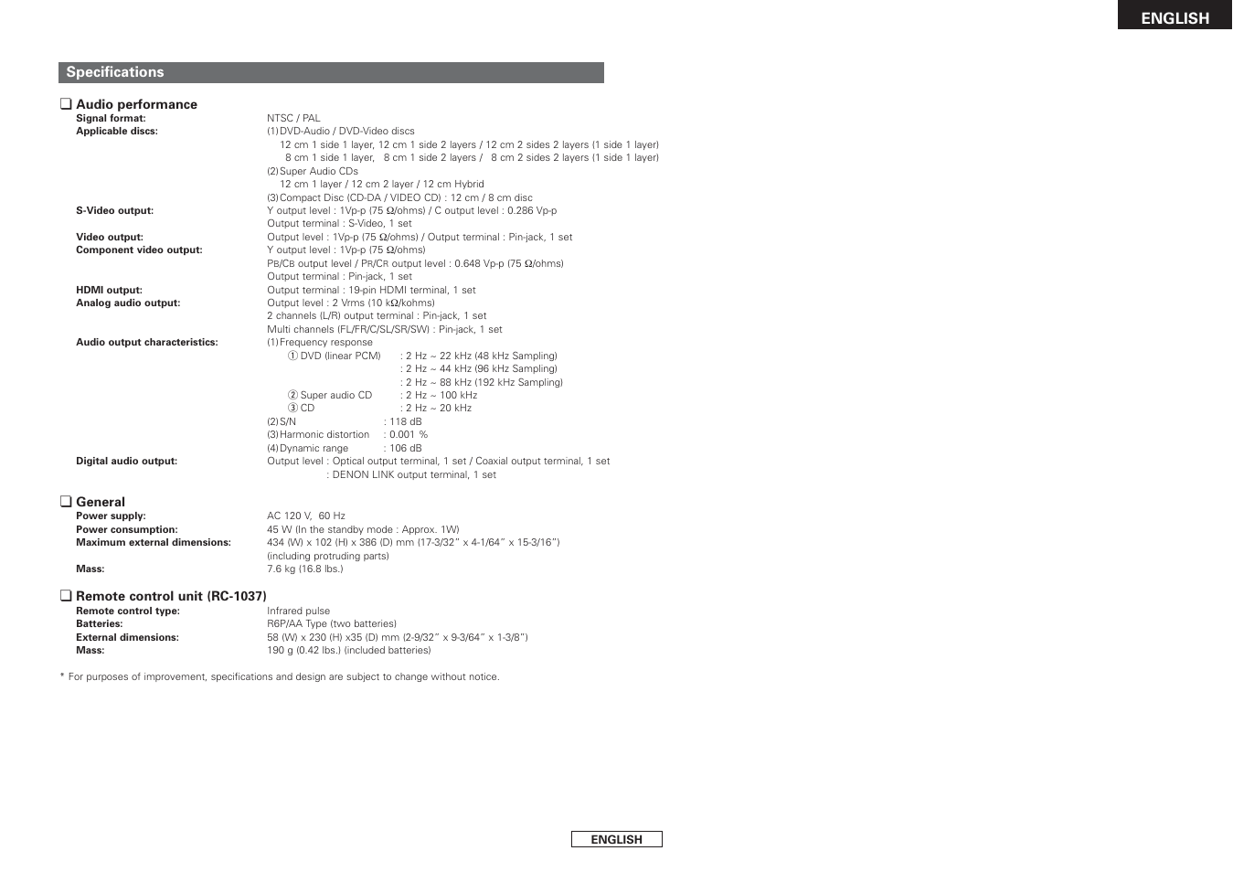 English, Specifications | Denon DVD-2930CI User Manual | Page 51 / 52