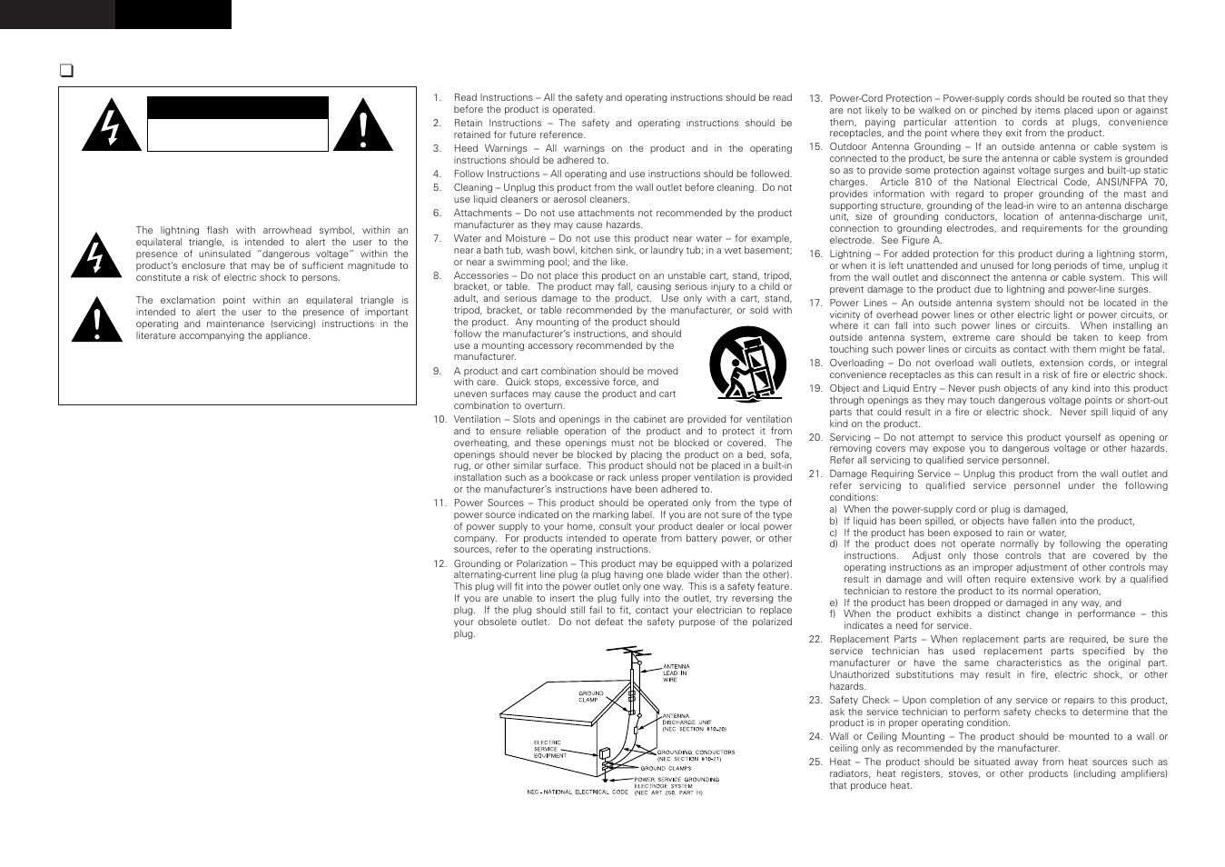 Safety instructions, Caution, Warning | English | Denon AVR-587 User Manual | Page 2 / 60