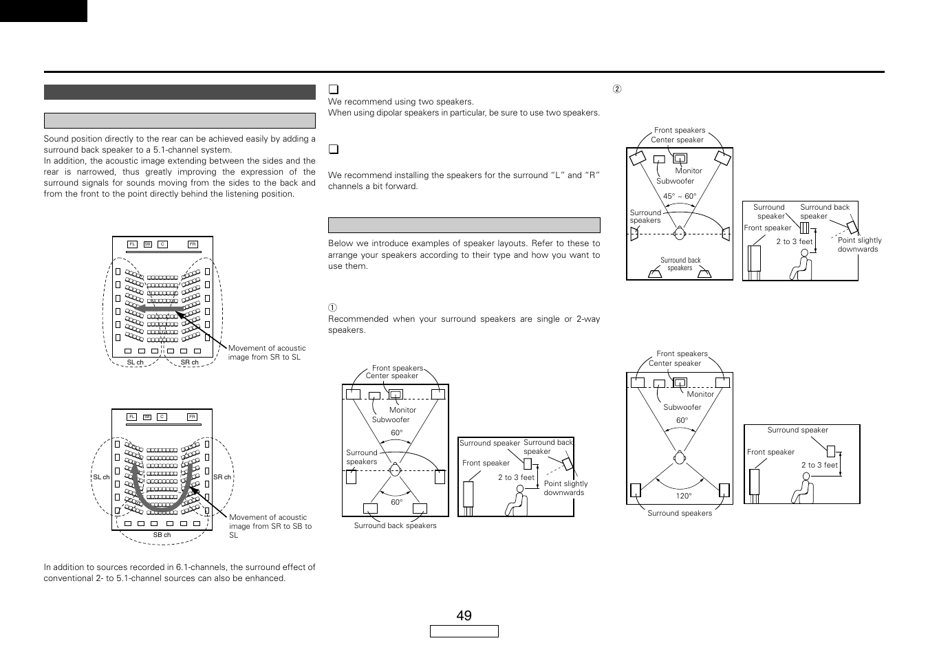 Additional information, English, Examples of speaker layouts | About the speakers surround back speakers, Number of surround back speakers | Denon AVR-587 User Manual | Page 52 / 60