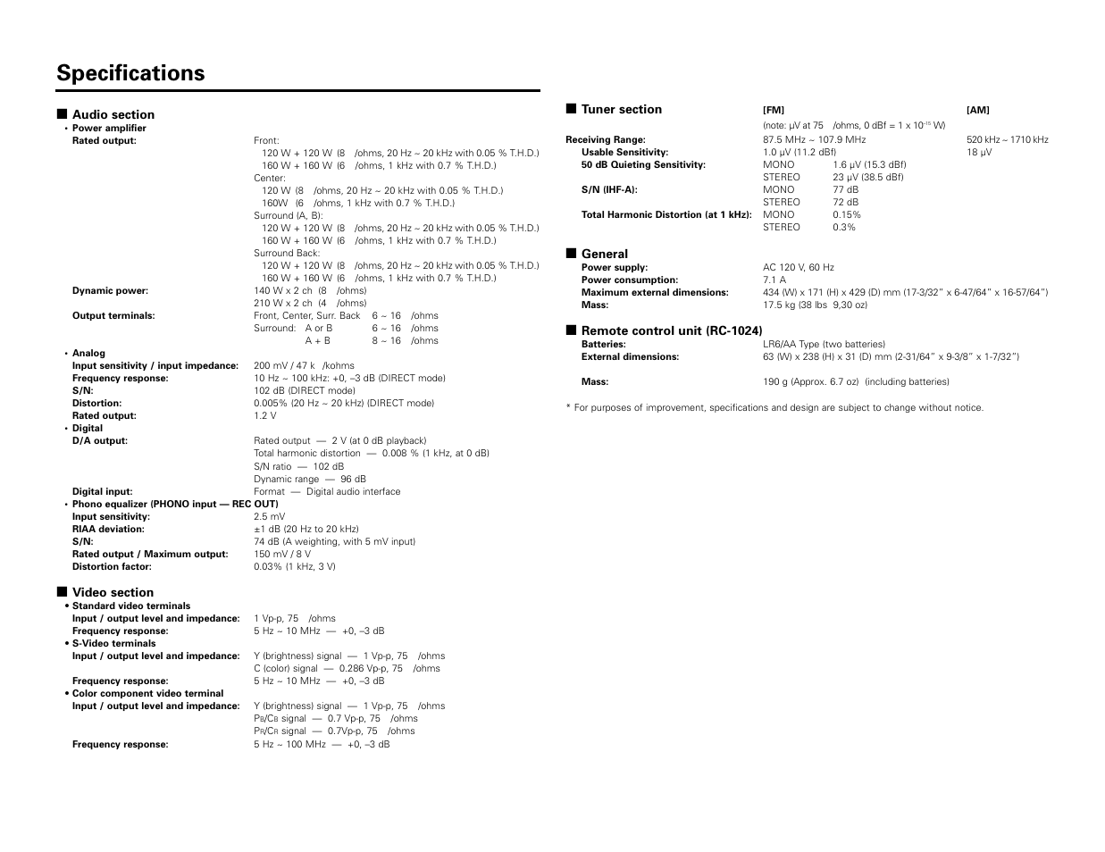 Specifications | Denon AVR-3806 User Manual | Page 105 / 142