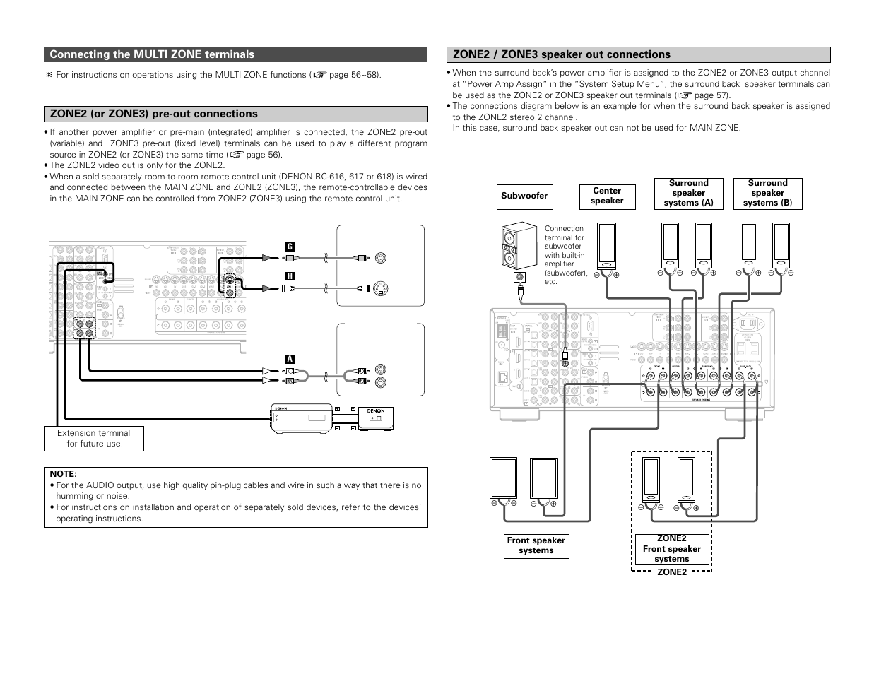 Connecting the multi zone terminals, Zone2 (or zone3) pre-out connections, Zone2 / zone3 speaker out connections | Denon AVR-3806 User Manual | Page 29 / 142