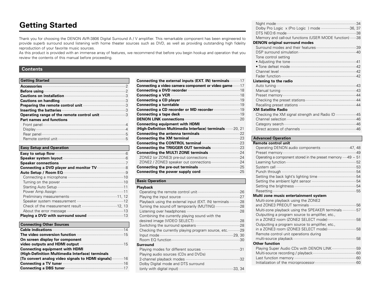 Getting started | Denon AVR-3806 User Manual | Page 4 / 142