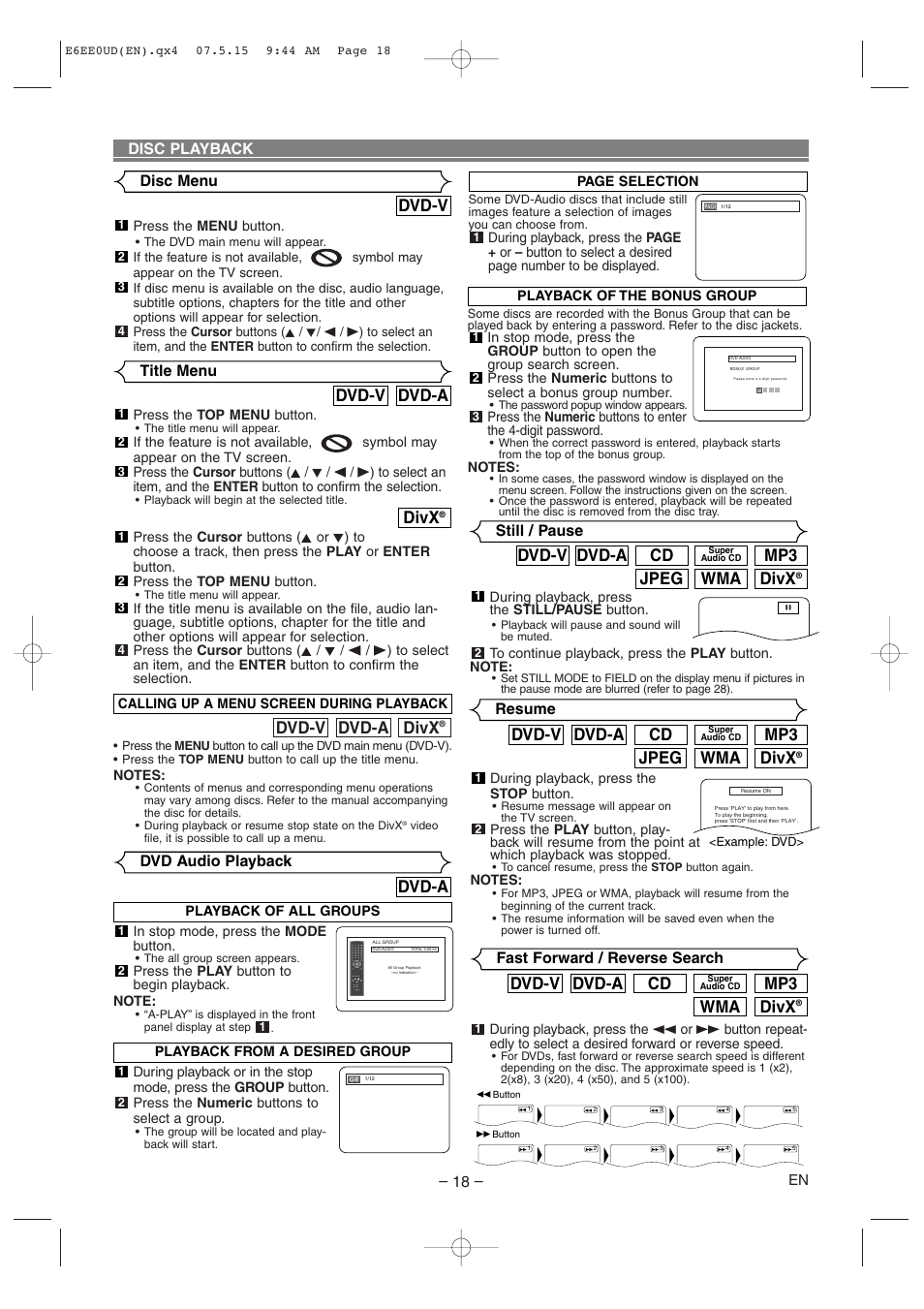 Divx, Wma jpeg mp3, Cd dvd-a dvd-v | Dvd-a dvd-v, Dvd-a, Wma mp3, Dvd-v, Disc playback, Dvd audio playback, Still / pause | Denon DVD-1940CI User Manual | Page 18 / 36