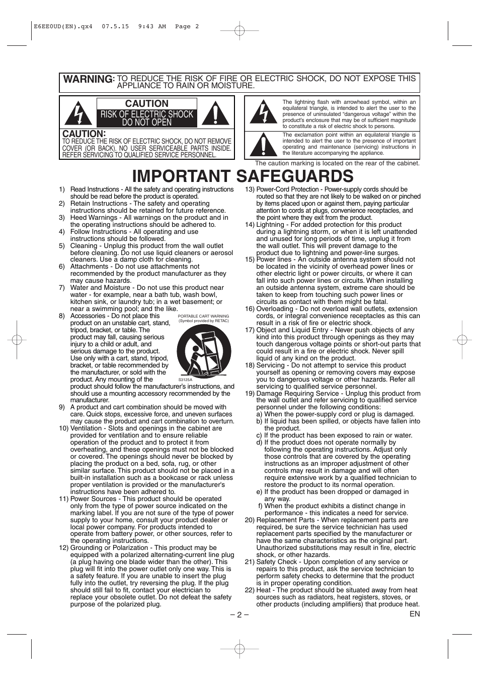 Important safeguards, Warning, Caution | Caution risk of electric shock do not open | Denon DVD-1940CI User Manual | Page 2 / 36