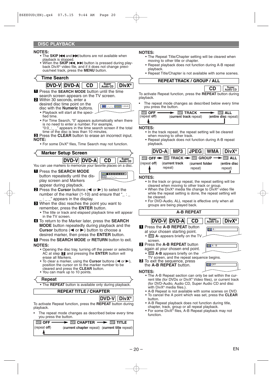 Divx, Cd dvd-a dvd-v, Dvd-v | Wma jpeg mp3 dvd-a, Repeat, Time search marker setup screen, Disc playback | Denon DVD-1940CI User Manual | Page 20 / 36
