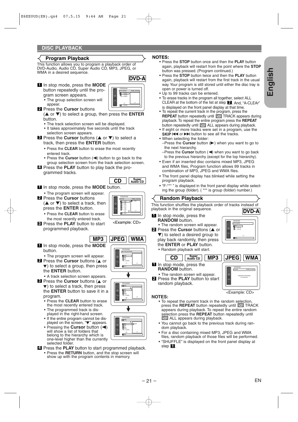 English, Wma jpeg mp3, Dvd-a | Program playback, Disc playback, Random playback, Press the play button to start programmed playback, Cursor button (s | Denon DVD-1940CI User Manual | Page 21 / 36
