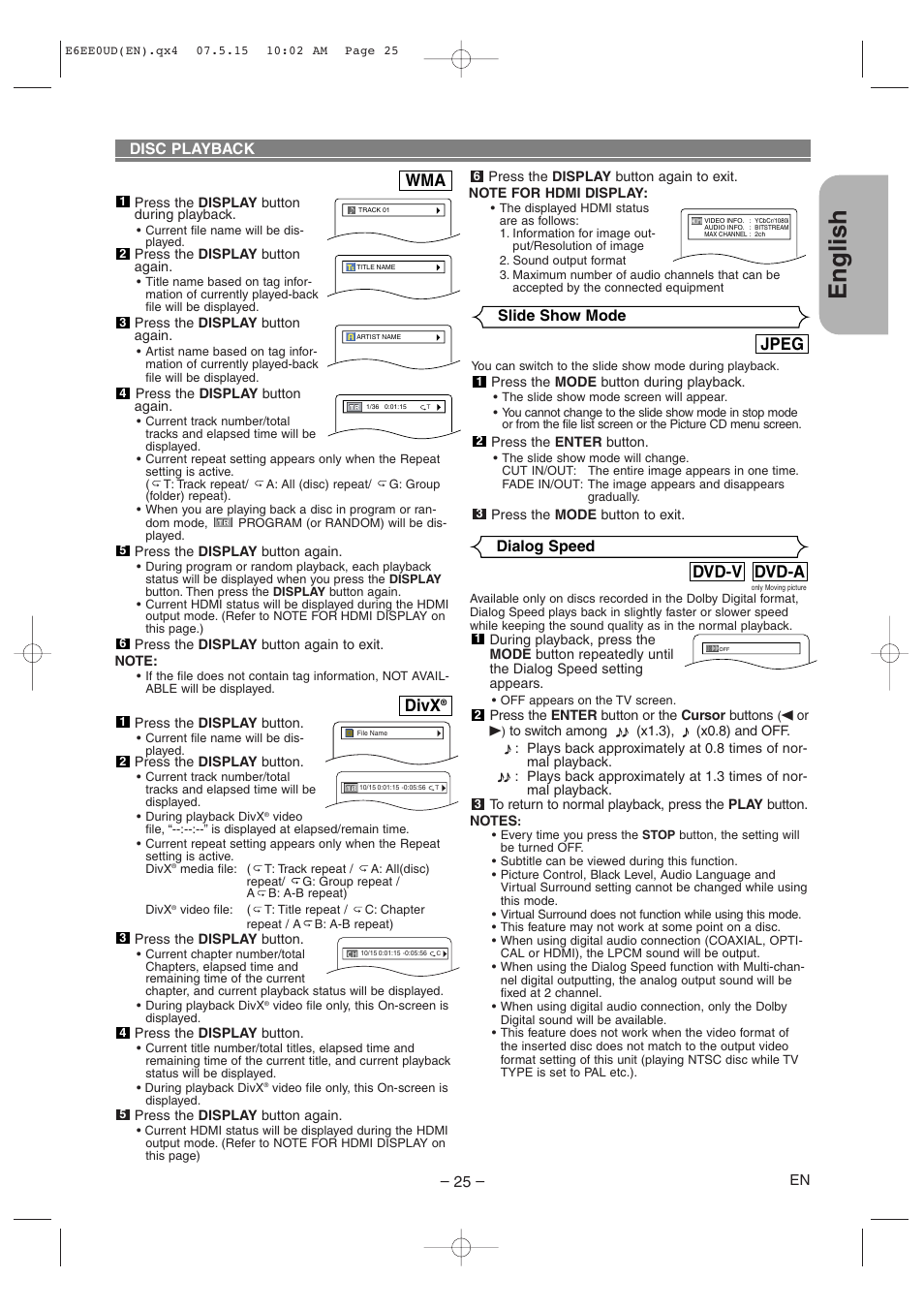 English, Dvd-a dvd-v, Jpeg | Divx, Disc playback dialog speed, Slide show mode | Denon DVD-1940CI User Manual | Page 25 / 36