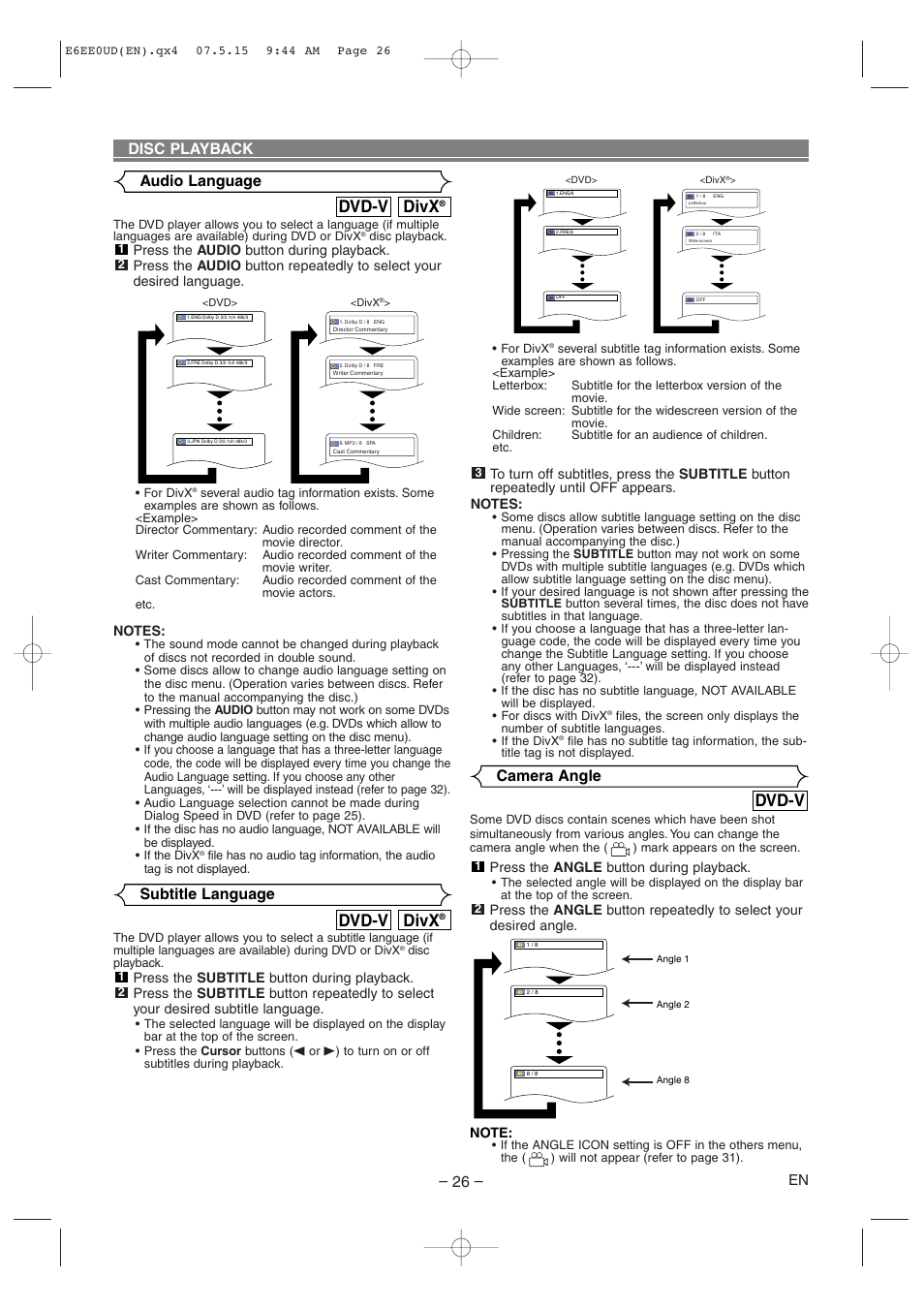 Divx, Dvd-v, Disc playback audio language | Subtitle language, Camera angle | Denon DVD-1940CI User Manual | Page 26 / 36