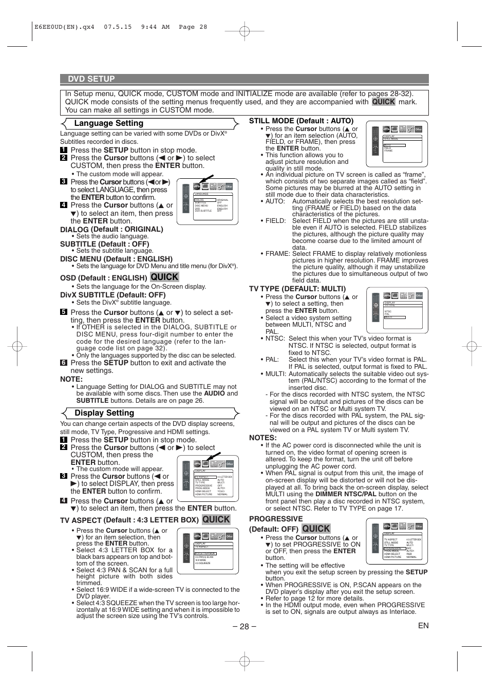 Quick, Dvd setup display setting, Language setting | Subtitle (default : off), Disc menu (default : english), Osd (default : english), Divx subtitle (default: off), Still mode (default : auto), Tv type (default: multi), Progressive (default: off) | Denon DVD-1940CI User Manual | Page 28 / 36