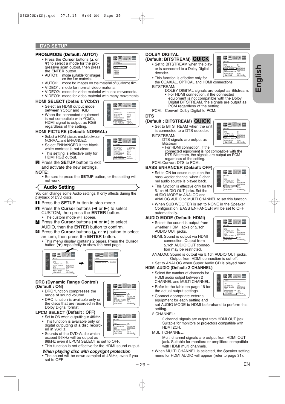English, Quick, Dvd setup audio setting | Dolby digital (default: bitstream), Dts (default : bitstream), Bass enhancer (default: off), Audio mode (default: hdmi), Hdmi audio (default: 2 channel), Drc (dynamic range control) (default : on), Lpcm select (default : off) | Denon DVD-1940CI User Manual | Page 29 / 36
