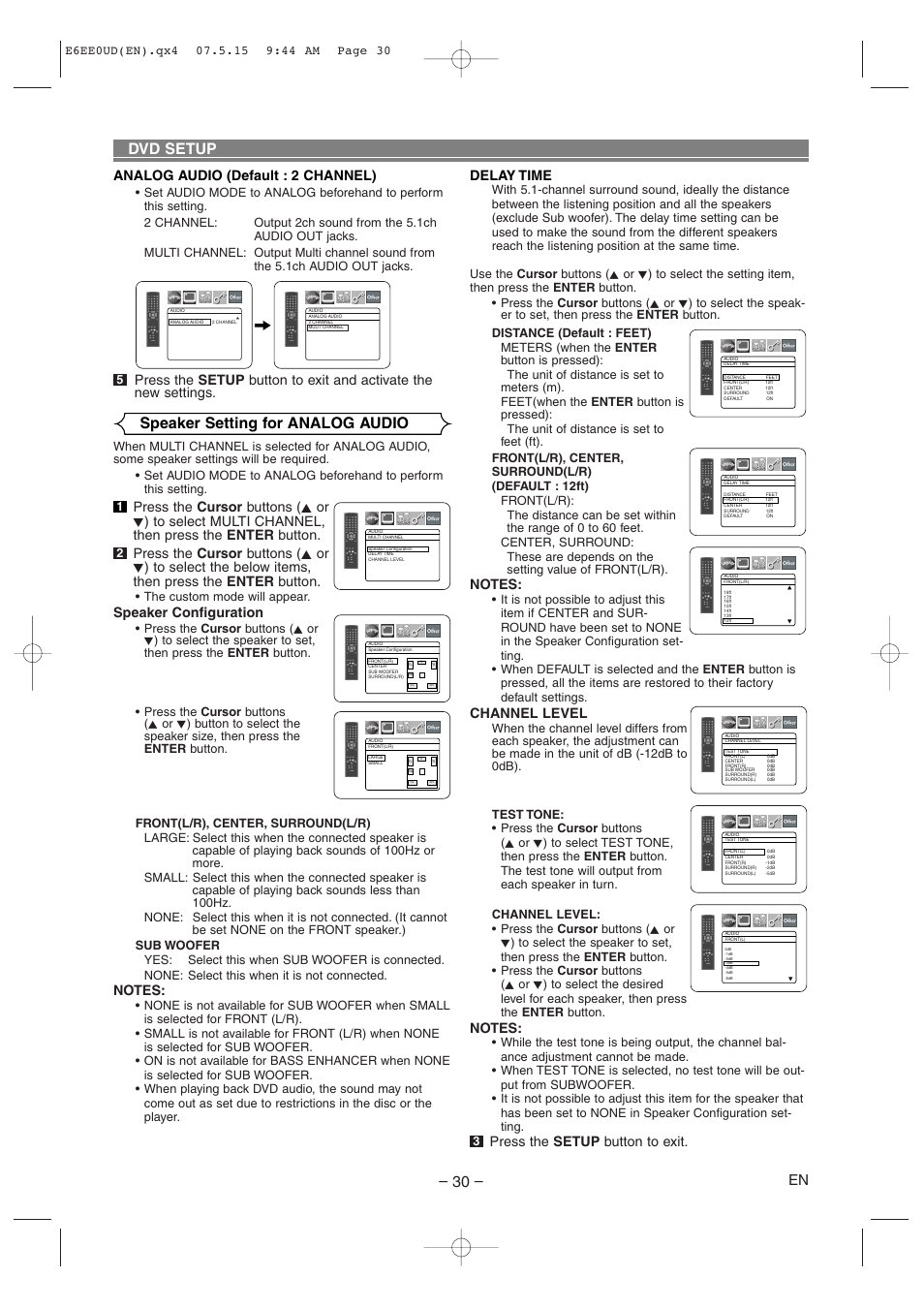 Dvd setup, Speaker setting for analog audio, Delay time | Channel level, Press the setup button to exit, Speaker configuration, Analog audio (default : 2 channel) | Denon DVD-1940CI User Manual | Page 30 / 36