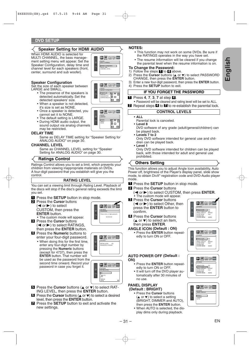 English, Others setting, Ratings control | Dvd setup, Speaker setting for hdmi audio, Control levels, Auto power off (default : on), Panel display (default : bright), Repeat steps to to re-establish the parental lock, Rating level | Denon DVD-1940CI User Manual | Page 31 / 36