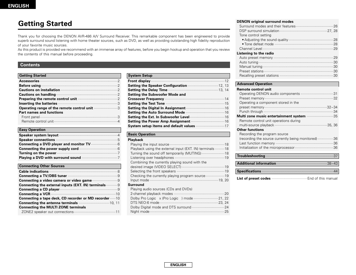 Getting started | Denon AVR-486 User Manual | Page 4 / 53