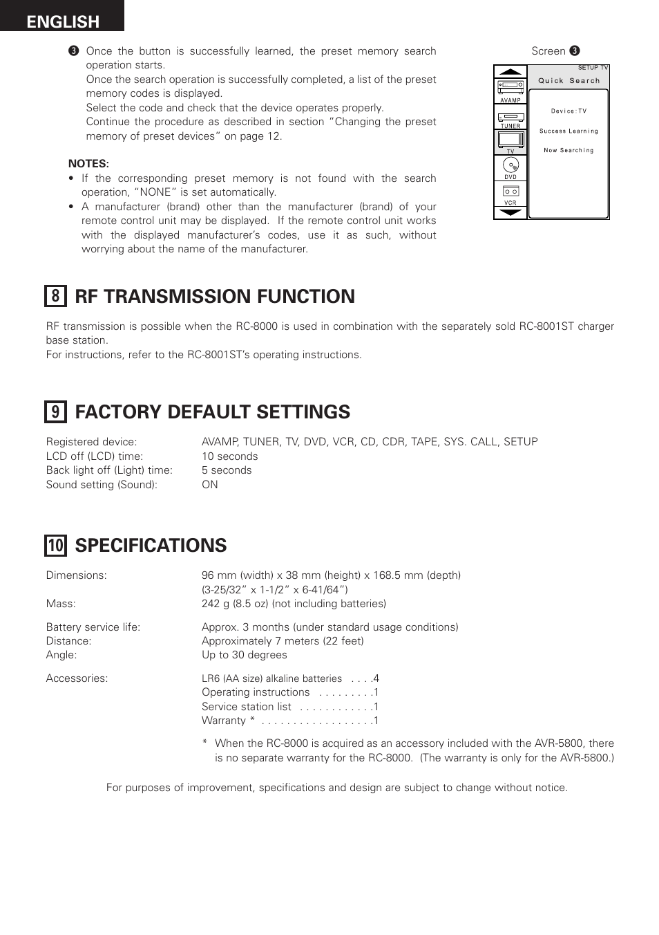 Rf transmission function, Factory default settings, Specifications | English | Denon RC-8000 User Manual | Page 32 / 39