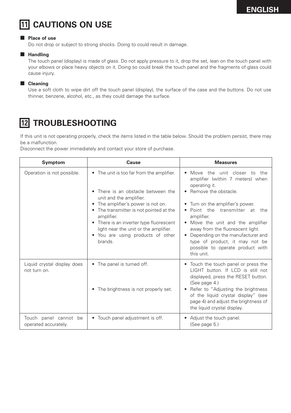 Cautions on use, Troubleshooting, English | Denon RC-8000 User Manual | Page 33 / 39