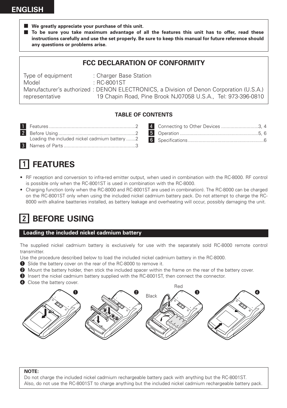 Features, Before using, English | Fcc declaration of conformity | Denon RC-8000 User Manual | Page 35 / 39