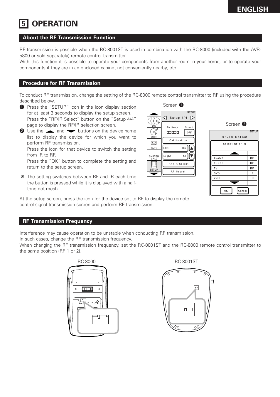 Operation, English, About the rf transmission function | Procedure for rf transmission, Rf transmission frequency | Denon RC-8000 User Manual | Page 38 / 39