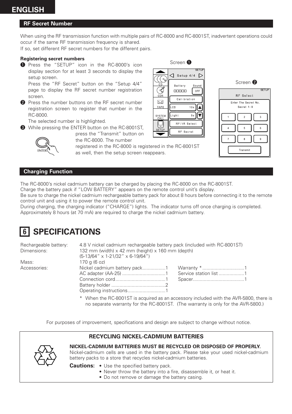 Specifications, English, Ni-cd | Denon RC-8000 User Manual | Page 39 / 39