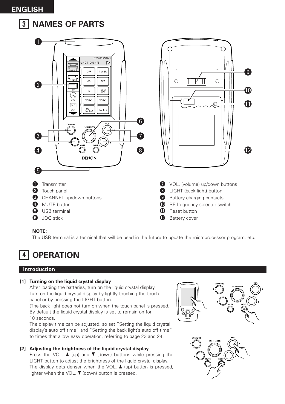 Names of parts, Operation, English | Denon RC-8000 User Manual | Page 4 / 39