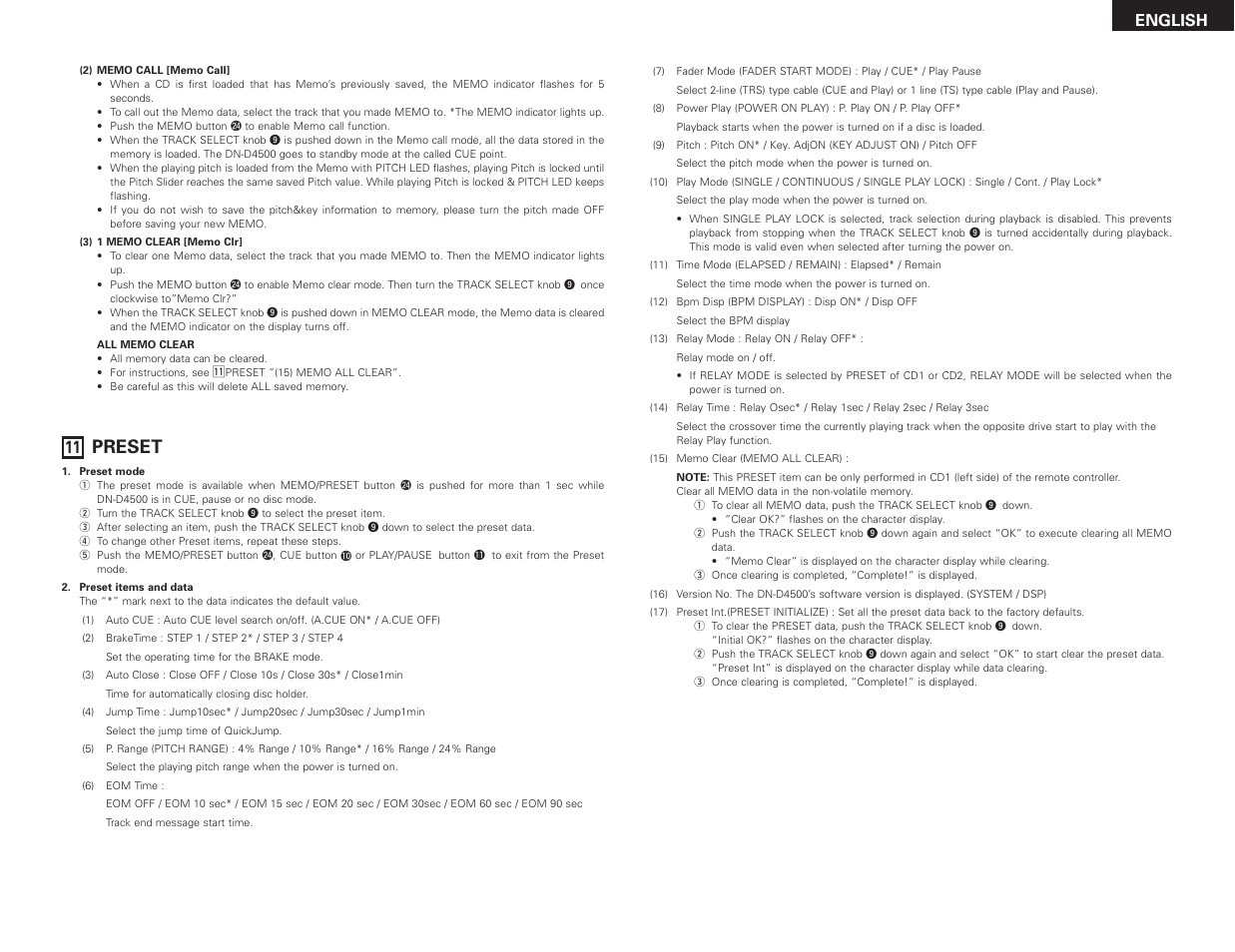 Preset, English | Denon DN-D4500 User Manual | Page 15 / 88