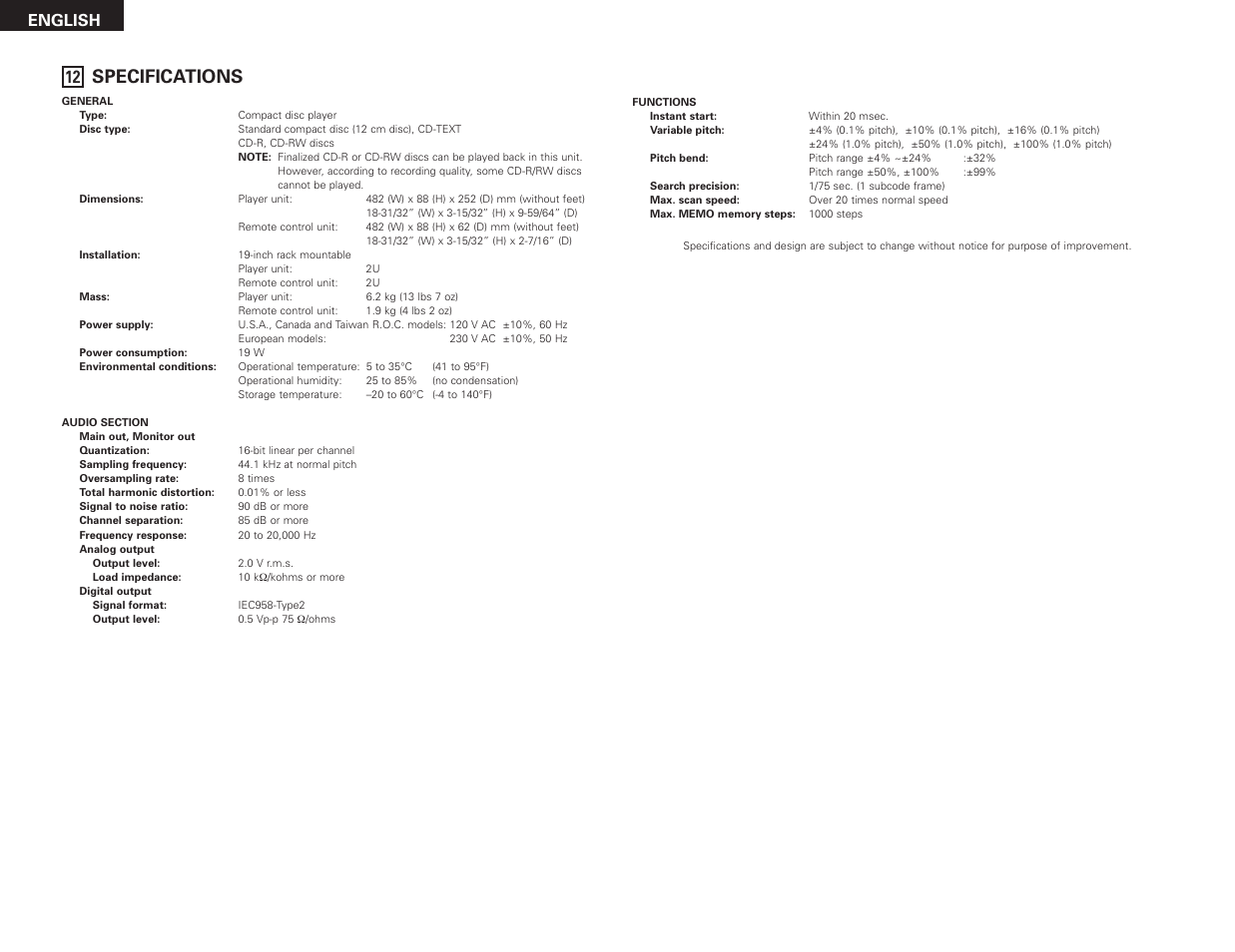 Specifications, English | Denon DN-D4500 User Manual | Page 16 / 88