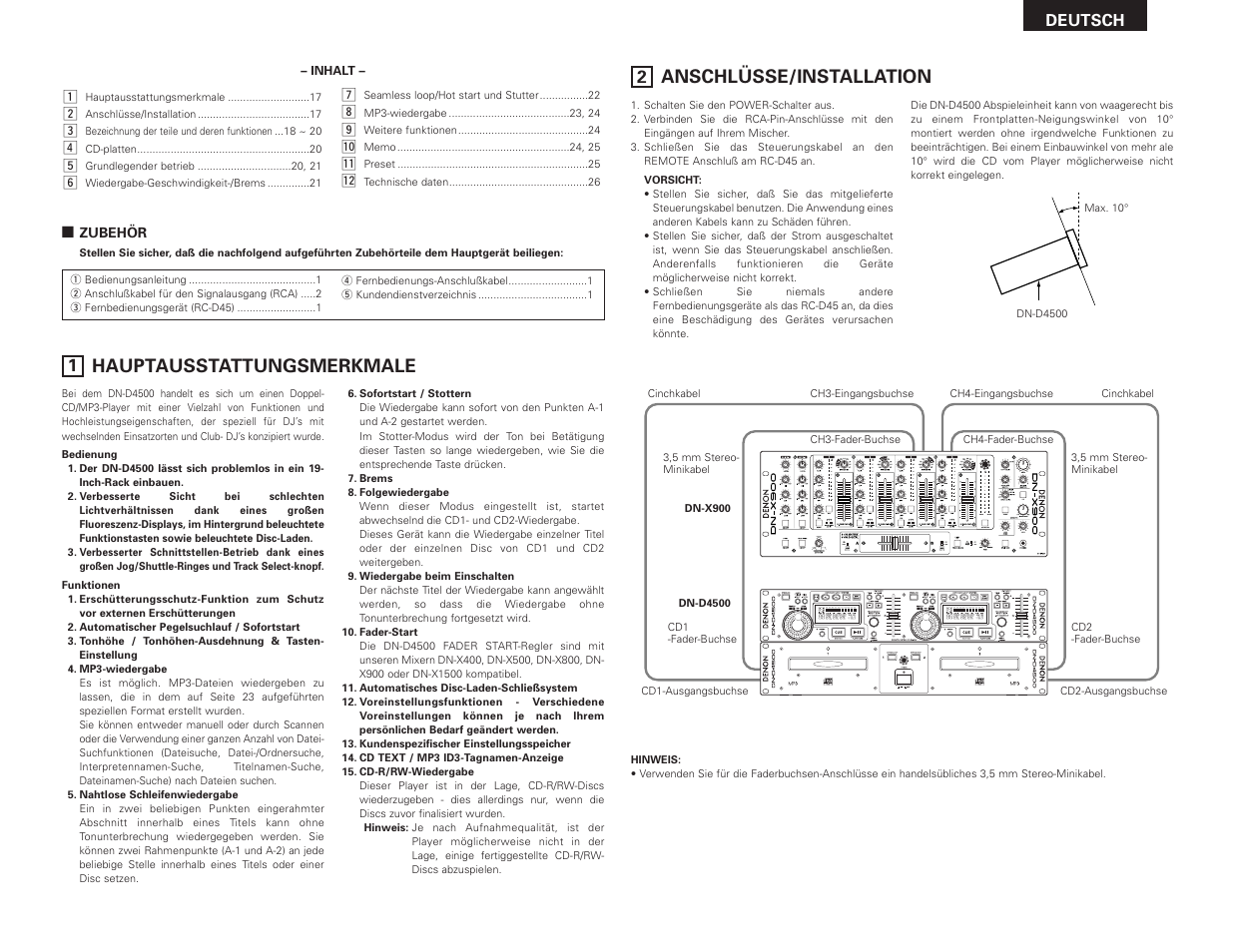 Hauptausstattungsmerkmale, Anschlüsse/installation | Denon DN-D4500 User Manual | Page 17 / 88