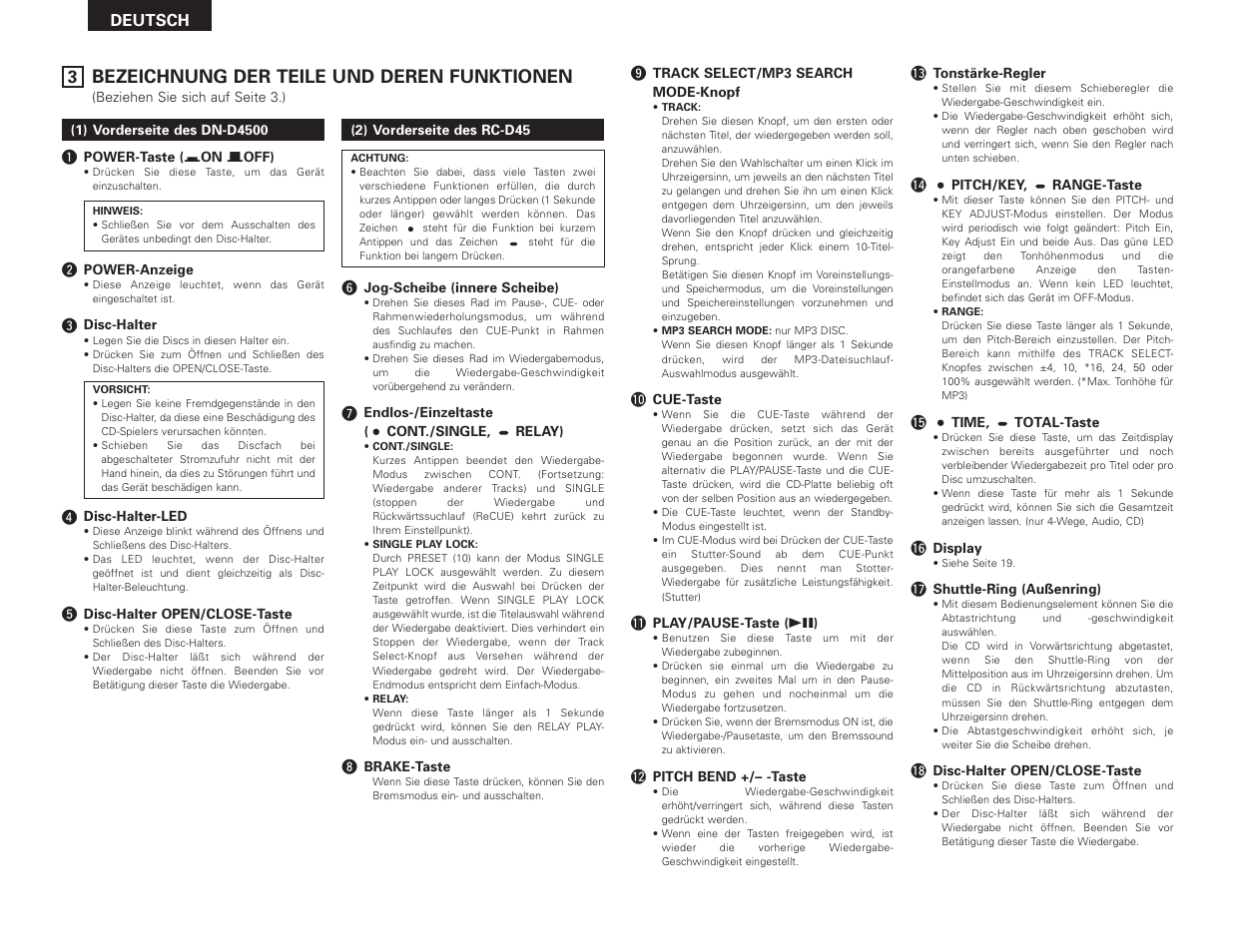 Bezeichnung der teile und deren funktionen | Denon DN-D4500 User Manual | Page 18 / 88