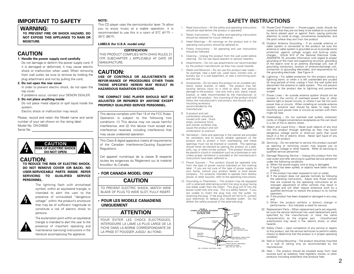 Safety instructions, Important to safety warning, Attention | Caution | Denon DN-D4500 User Manual | Page 2 / 88