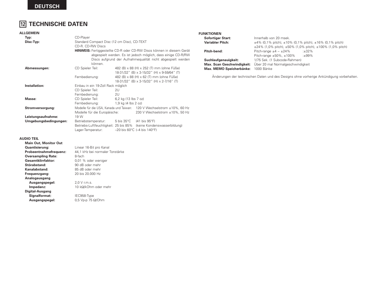 Technische daten, Deutsch | Denon DN-D4500 User Manual | Page 26 / 88